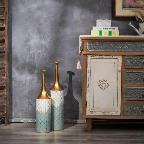 Sziqiqi Large Floor Vases Decorative Tall- 23.4/26in Set of 2 Coastal Big Vase for Home Decor Living Room Rustic Flowers Vases Metal Plant Farmhouse Vases for Pampas Grass Feathers Twigs Branches - style: Blue Floor Vases