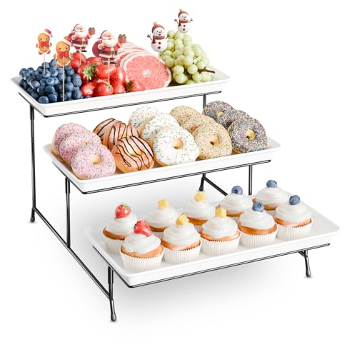 3-Tier Melamine Serving Tray Set, 14"x7" Platters for Serving Food, White Reusable Trays with Black Metal Display Stand for Cupcakes, Sevring Food, Dessert, Fruit, Cookie, Black - color: Black, size: 14" x 7"