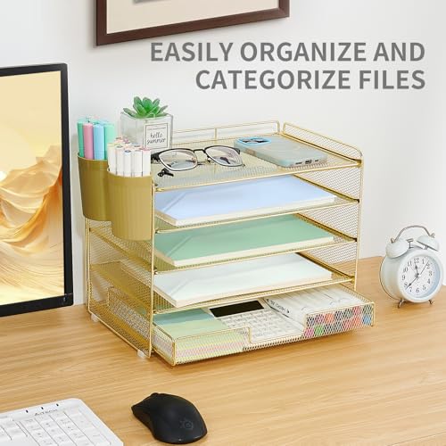 LEKETREE Desk Organizers and Accessories, 5-Tier Paper Letter Tray Organizer with Drawer & 2 Pen Holders, Desktop Organizer for Office Supplies (Gold) - color: Gold, size: 12" x 8" x 10"