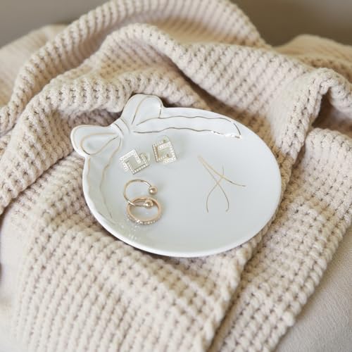 COLLECTIVE HOME - Personalized Initial Ceramic Jewelry Tray with Bow, Christmas Gift Ideas for Women, Small Gift for Girlfriend Wife, Ring Holder, Earrings Dish, Birthday Gift for Her (N) - color: N