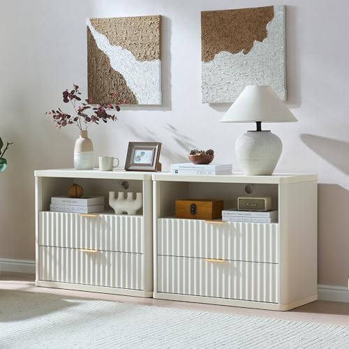 LEYAOYAO 31" Wide Fluted Nightstand with Charging Station, Oversized Extra Large 2 Drawers Night Stand,White Wood Bedside Table,Tall Bed Side End Tables,Modern Chest of Drawers Dressers for Bedroom - color: White, size: 2 Drawers