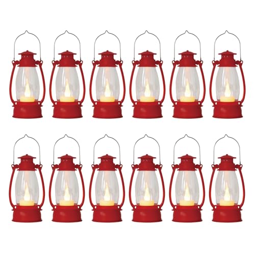 12Pcs Red Mini Lanterns for Centerpiece – Vintage Lantern Decor for Christmas, Halloween, Weddings & Western Party – Hanging Ornaments Bulk with Flicker LED Candle for Cowgirl, Camping Decor - color: Pure Red-12pcs