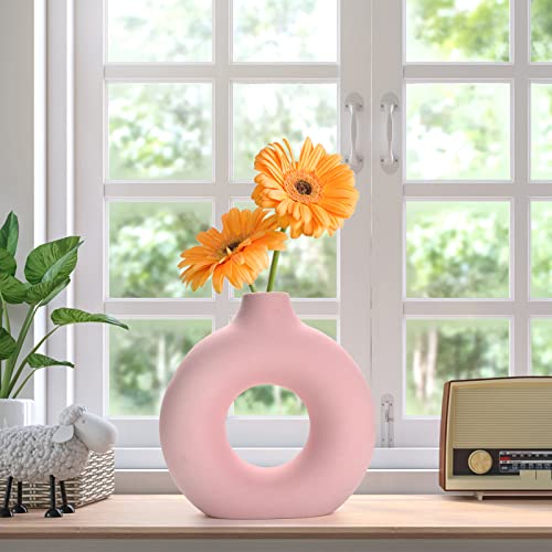 Donut Vase|Circle Hollow Vase|Modern Matte Ceramic Vase for Entryway Living Room Bedroom Dining Table Centerpiece Office Home Decor (Pink-7.5")
