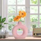 Donut Vase|Circle Hollow Vase|Modern Matte Ceramic Vase for Entryway Living Room Bedroom Dining Table Centerpiece Office Home Decor (Pink-7.5")