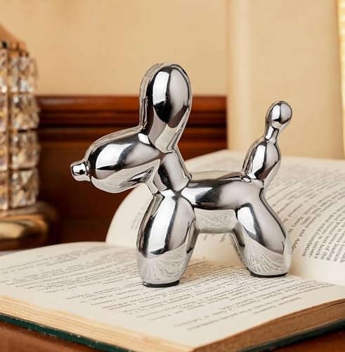 Small Balloon Dog Statue Decor, Modern Ceramic Animal Statues Decorative Ornaments for Living Room Bedroom Bookshelf Coffe Table and Office Display (Silver) - color: Silver