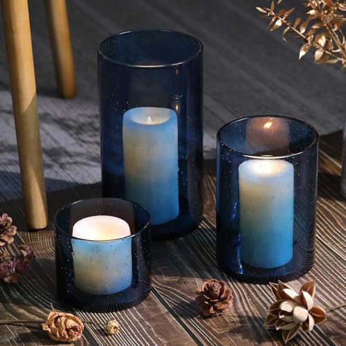 Large Hurricane Candle Holder Set of 3 Blue Candle Holders for Pillar Candles, Seeded Bubbles Glass Candle Holder, Blue Glass Cylinder Vases for Table Centerpieces, Home, Patio and Wedding 10"7"4"H - color: Blue, size: Large