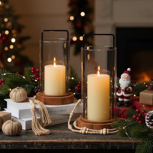 Houmury Set of 2 Hurricane Candle Holders Lantern 12” & 10”with Wood Base Metal Handle Glass Cylinder Modern Farmhouse Decor for Home Decoration, Table Centerpieces (Warm Amber Brown) - color: Warm Amber Brown