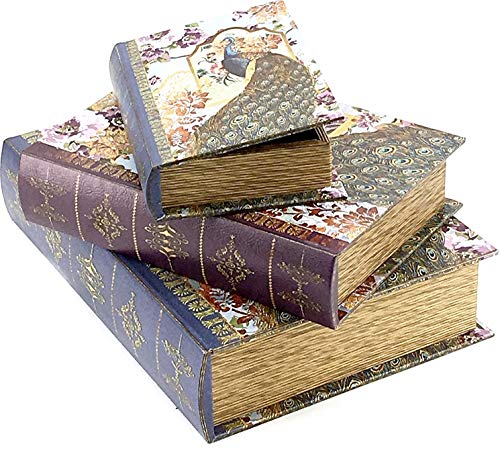 Bellaa Decorative Book Box Antiques Vintage Retro Invisible Secret Storage Faux Leather Wood Magnetic Set of 3 (Peacock) - style: Peacock