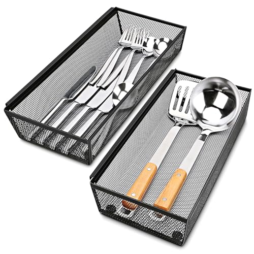 Smgmg Silverware Drawer Organizer, Silverware Organizer for Drawer, 2 Pack 14.7" X 6.1" X 2" Utensil Organizer for Kitchen Drawers, Kitchen Drawer Organizer for Large Utensils with Interlocking Arm - color: Black, size: 14.7 * 6.1 * 2 Inches