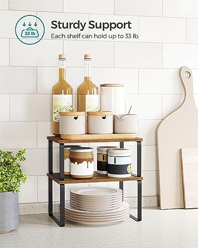SONGMICS Cabinet Organizer Shelf, Set of 2 Kitchen Counter Shelves, Kitchen Storage, Spice Rack, Stackable, Expandable, Metal and Engineered Wood, Ink Black and Rustic Brown UKCS020X01 - color: Ink Black + Rustic Brown, size: 11.7"W