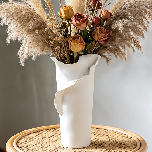 Abstract Irregular Ceramic Vase, White Irregular Pottery Vase, Handmade Decorative Minimalist Flower Vases for Modern Home, Tabletop, Shelf & Office - size: 21" x 20" x 32"