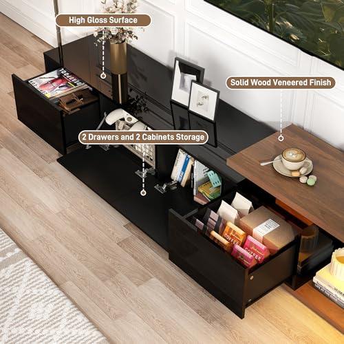 Extendable TV Stand with LED Light, Modern Entertainment Center for up to 120 Inch TV, Wood TV Media Console with 2 Drawers & 2 Cabinets for Living Room Bedroom, 75"-110", High Gloss Black & Walnut - color: High Gloss Black & Walnut