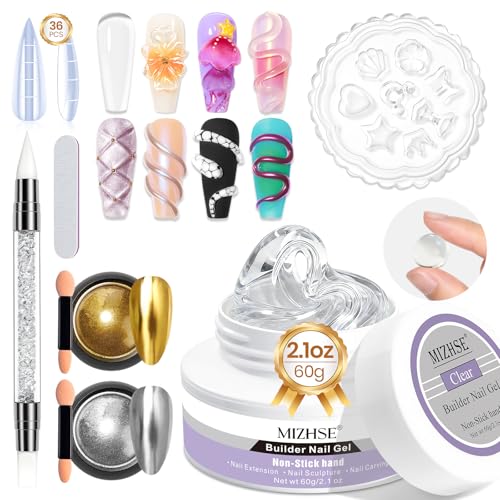 MIZHSE 3D Gel Nail Art Sculpting Gel, Solid Builder Gels for Nails 60g Large Capacity 3D Sculpting Non-Sticky Carving U V/LED Extension Hard Gels with 3D Mold for Nail Art Salon Home DIY - color: 0-0-Translucent Colors
