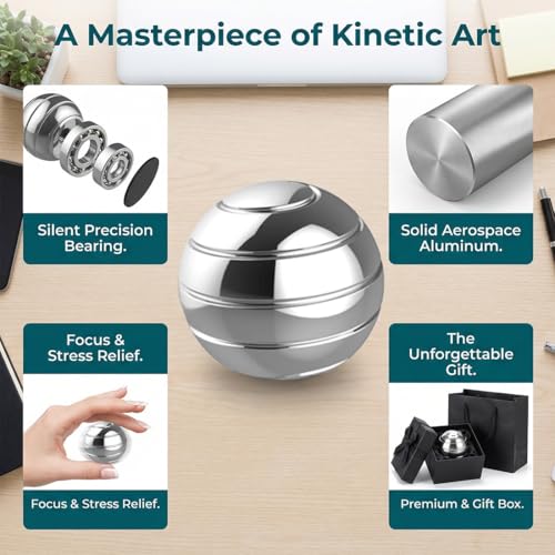 Kinetic Desk Toys,Full Body Optical Illusion Spinner Ball,Gifts for Men,Women,Kids 1.5” Size (Silver)