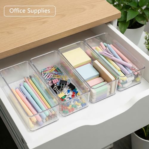 Qilinba 8 PACK Drawer Organizer Bins Bathroom Deep Drawer Organizer Tray for Cutlery Vanity Make-up, Clear Stackable Storage Bins for Kitchen Cabinet Closet Counter Organization and Storage