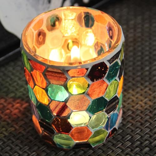 Moroccan Mosaic Glass Tea Light Candle Holder, Vintage Glass Cup Candlestick Tabletop Ornament, Mosaic Candle Holder Stained Tealight