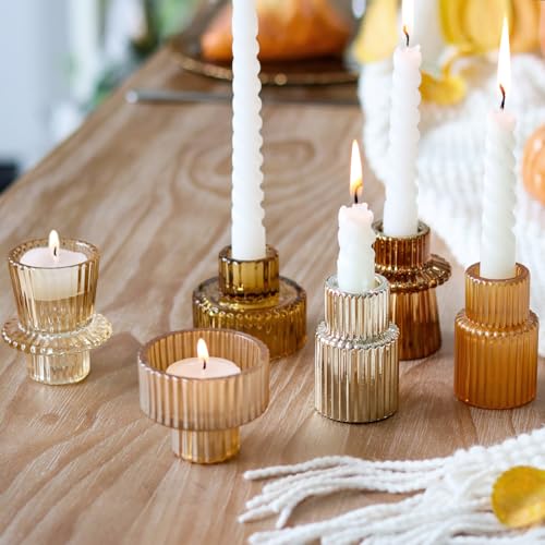 Gold Candlestick Holders 6PCS for Tealight Candle Stick Candles, Ribbed Glass Taper Candle Holders Set Table Centerpieces for Thanksgiving Christmas Farmhouse Decor Indoor and Outdoor - color: Gold