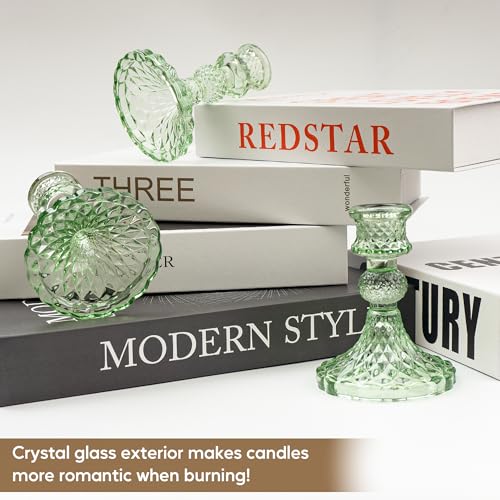 Glass Candlestick Holder Taper and Pillar Candle Holder, Desktop Decoration for Wedding Dinning Party-3 pcs(Green) - color: Green