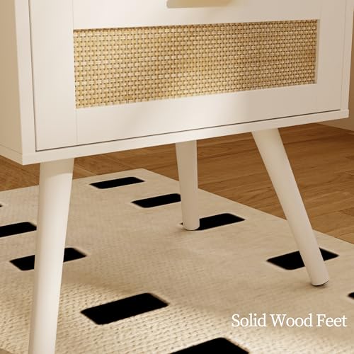JOONEE Rattan Nightstand with Charging Station,Farmhouse Bedside Table with 2 Storage Drawer and Open Wood Shelf, for Bedroom and Small Spaces,Night Stand with Solid Wood Legs (White-Outlet) - color: White-outlet