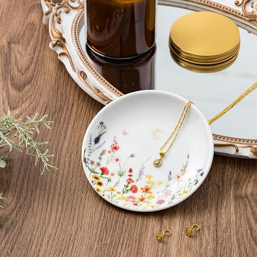 Crisky Initial Jewelry Tray Ring Dish & Gift Box, Ceramic Flower Trinket Dish for Rings Earrings Necklaces Keys, Bridal Shower Engagement Birthday Gift for Women, Friends 4.57" (Gold Foil C - style: Initial C