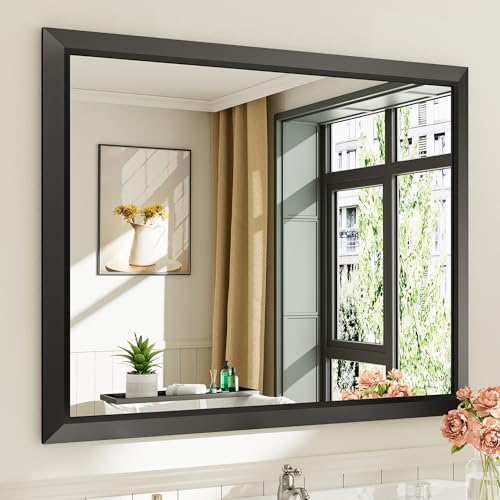 Briivue 40x32 Inch Black Bathroom Mirror for Wall, Thick Metal Framed Rectangle Mirrors for Over Sink, Bedroom, Living Room, Entryway, Anti-Rust, HD Tempered Glass - color: Black, size: 40"L x 32"W