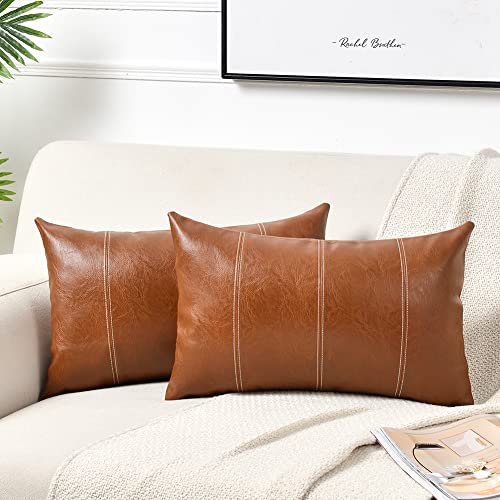 Fancy Homi 2 Packs Brown Boho Lumbar Faux Leather Decorative Throw Pillow Covers 12x20 Inch for Living Room Couch Bed Sofa, Hand Stitched Rectangle Cushion Case, Rustic Modern Farmhouse Home Decor - color: Brown, size: 20" x 12" (Pack of 2)