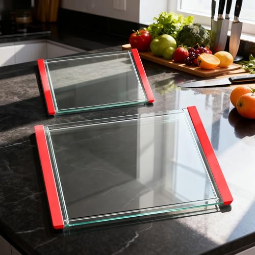 Tempered Glass Cutting Board Set for Kitchen Counter - Dishwasher Safe with Juice Grooves, Non-Slip Silicone Edges & Beveled Grip - 16"x12" & 12"x8" Serving Tray (Red-2PCS) - color: Red-2PCS