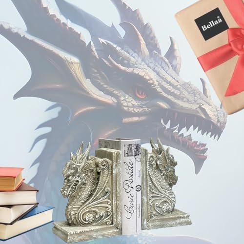 Bellaa 26201 Decorative Bookend Dragon Statues Book Stopper for Bookshelf 8 Inch Non Skid Heavy Duty Vintage Gifts - color: Stone