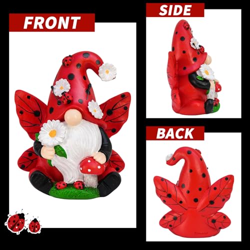 Ladybug Gnome Garden Decor, Fairy Gnome Figurine with Flowers, Spring Summer Outdoor Garden Decorations for Yard Lawn Patio, Garden Gifts for Women - color: Red