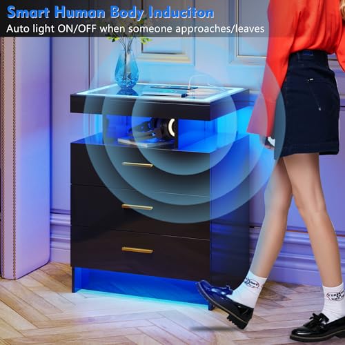 Lvifur LED Nightstand with Wireless Charging Station, Auto Sensor 3 Color Dimmable Night Stand, Modern Bedside Table with 3 Drawers & 3 Open Compartments for Bedroom, Black - color: Black 3 Drawers-glass Top