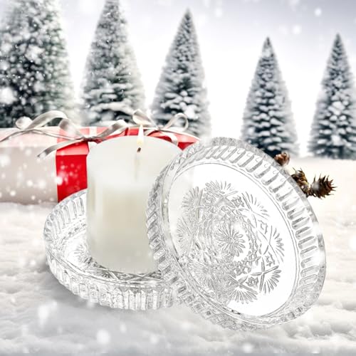 kanpura Crystal Glass Candle Holder Plates Set of 2 3.7 Inch Round Clear Glass Pillar Candle Holder Snowflake Votive Candle Holder Set for Christmas Winter Party Birthday Holiday - color: Snowflake,1