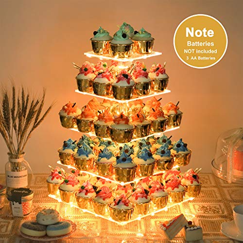 YestBuy 5 Tier Cupcake Stand for 60 Cupcakes,Clear Acrylic Cupcake Tower with Yellow LED Lights and 4.7" Clear Tiers, Perfect for Weddings, Birthdays and Dessert Tables - color: Yellow, size: 5 Tier Square