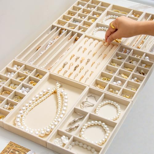SPAKOWN Jewelry Drawer Organizer Inserts Set of 9, Jewelry Trays for Drawers Velvet Jewelry Organizer Tray Drawer Jewelry Organizers and Storage for Earring Ring Necklace Watch Bracelet (Beige) - color: Beige