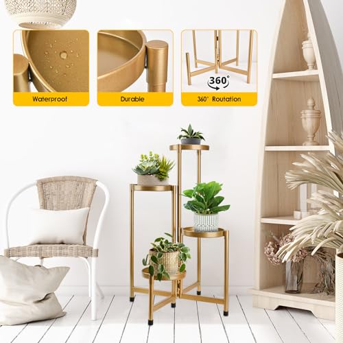 4 Tier Plant Stand Indoor Outdoor, 31 Inch Tall Metal Plant Shelf Waterproof, Plant Holder with Folding Design For Home, Living Room, New Upgrate Gold - color: Gold