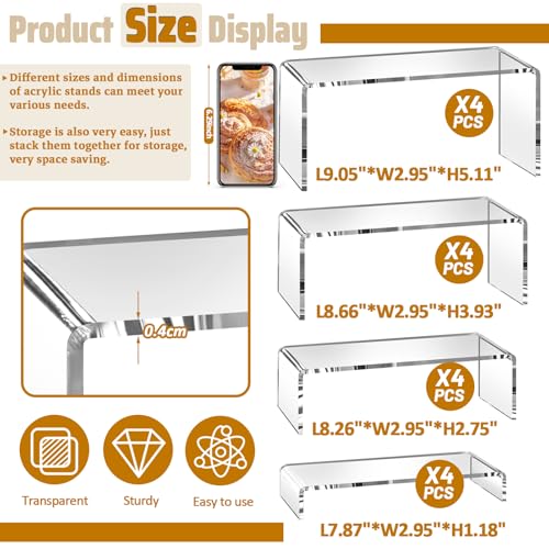 16 Pcs Acrylic Risers 4 Sizes(7" L~9" L) Riser Display Shelf Cupcake Stand Display Cabinet Clear Rectangular Display Stands Set