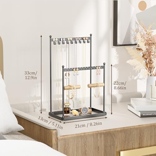 3 Tier Black Jewelry Stand, Necklace Organizer, Earring Holder with 44 Holes and 9 Hooks, for Necklaces, Bracelets, Rings - color: Black