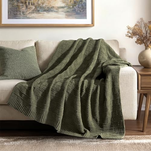 EVERGRACEHOME Modern Checkered Chenille Throw Blanket, Soft Cozy Plaid Knitted Blanket for Sofa & Couch, Decorative Knit Throw for Bed and Living Room, Olive Green, 60" x 80" - color: Checkered Olive Green, size: 60" x 80"