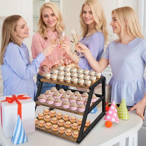 Cupcake Stand, 3 Tier Large Cupcake Stand for 50 Cupcakes Rustic Cupcake Display Stand Square Wood Dessert Table Display Set Cupcake Tower Tiered Tray Stand for Wedding Birthday Graduation Baby Shower - color: Wood