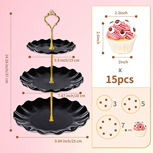 BACUTHY 3 Tier Cupcake Stand Holder, Plastic Cup Cake Stand Towel with Tiered Serving Tray for Cupcakes, Donuts, Fruits and More, White (Black) - color: Black