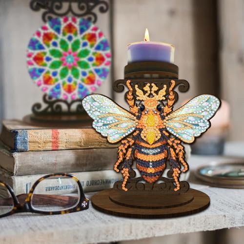 BAYUNOE DIY Candlestick Holders Wooden Desktop Diamond Art Painting Candle Holder Double-Sided Diamond Vintage Modern Decorative for Table Mantel Wedding Dinning Party-Bee - color: Bee