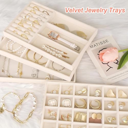 Cirhy Velvet Jewelry Drawer Organizer Trays – Stackable Jewelry Trays for Drawers, Set of 4 Jewelry Organizer for Drawer Inserts, Display Storage Box for Earrings, Rings, Necklaces, Bracelets - color: beige