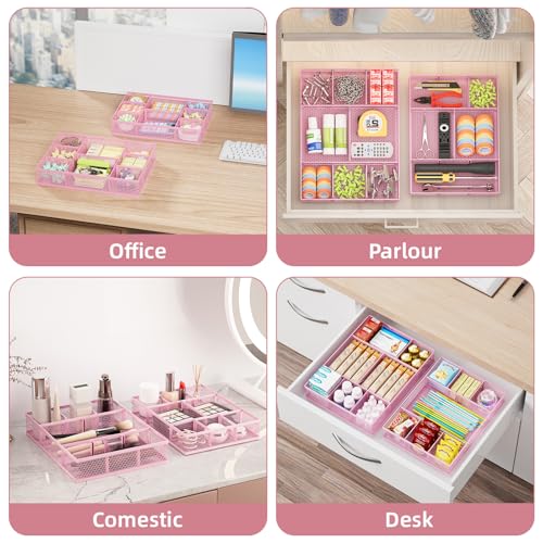 Marbrasse 2 Pack Desk Drawer Organizer, Mesh Drawer Organizer Tray with 8 Adjustable Compartments, Desk Organizers and Accessories, 5 Dividers Drawer for Office Supplies, Makeup & Vanity (Pink) - color: Pink