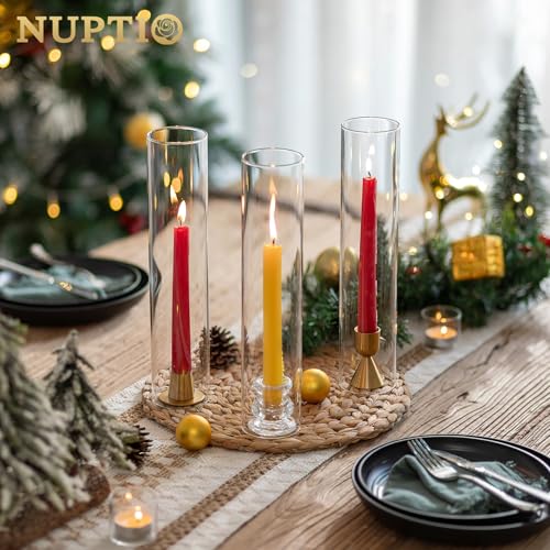 NUPTIO Hurricane Glass Candle Holder: 2.5 x 12 inches Open Ended Cylinder Chimney Replacement for Taper Candles - Bulk Clear Candlestick Holders Sleeve for Christmas Fireplace Decor - color: Clear