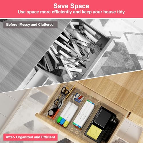 15 Piece Clear Plastic Drawer Organizers Set - 4 Sizes Bathroom & Dresser Storage Bins, Stackable Kitchen Desk Organizer Trays for Makeup, Jewelry, Utensils, Junk, Gadgets