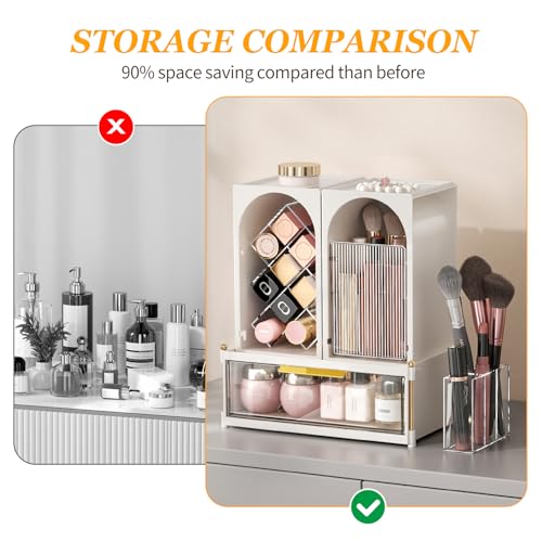 INVSSENE Stackable Makeup Organizer Countertop, Storage Perfume Skincare Cosmetic Lipstick Face Mask Makeup Brush Palettes, Ideal for Vanity Bathroom Counter - color: 3515 White+Clear