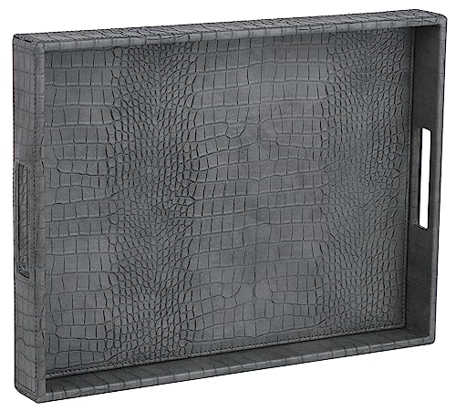 HofferRuffer Rectangle Serving Tray with Hole Handles for Coffee Table, Breakfast, Tea, Food, Butler - Countertop, Kitchen, Vanity Serve Tray, 16.2 x 12.2 x 2 inches, Faux Leather Tray (Dark Grey) - color: Dark Grey, size: 16.2" x 12.2" x 2"