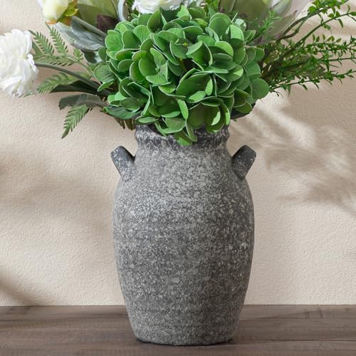 Enra 9.76" Farmhouse Rustic Ceramic Vase, Dark Grey Textured with Double Handles, Waterproof for Dried & Fresh Flowers, Home Decor Centerpiece Gift - color: 013-1