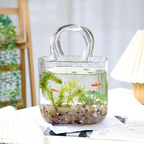 Fixwal Glass Purse Vase for Flowers, Clear Bag Vases with Handle, Unique Cute Handbag Shape Decorative Flower Vases with Fish Bowl for Centerpieces Home Table Shelf Decor Birthday