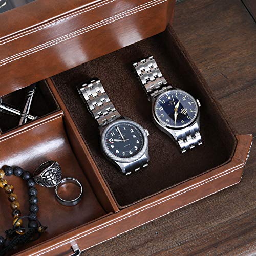 ROTHWELL 12 Slot Leather Watch Box with Valet Drawer - 12 Slot Luxury Watch Case Display Organizer, Microsuede Liner, Mens Accessories Holder, Jewelry Case, Jewelry Display Organizer (Tan/Brown) - color: Tan / Brown