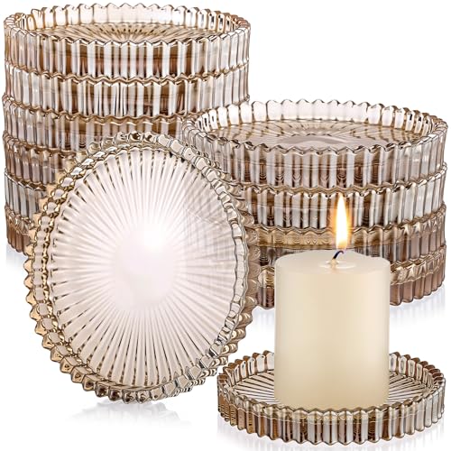 Honeydak Amber Glass Pillar Candle Holder Plates 4'' Round Glass Candle Tray Round Coasters for Table Centerpiece Wedding Party Home Bridal Shower Thanksgiving Christmas Decor(12 Pcs) - color: Amber